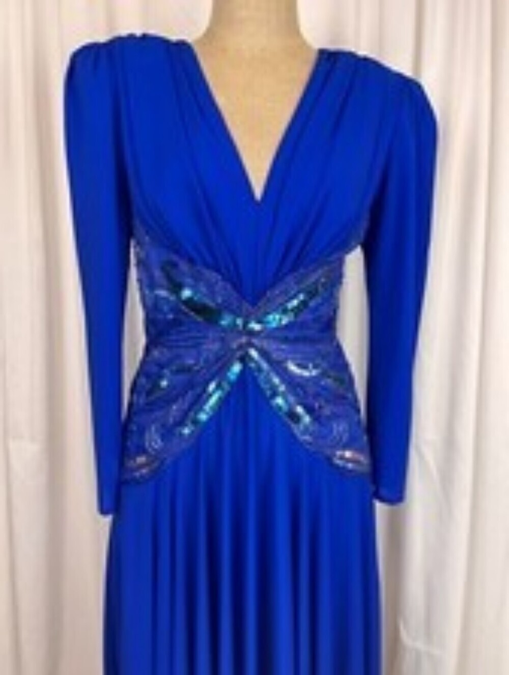 Casadei 1982 Blue Long Sleeve V Neck Beaded Waist Fit & Flair Midi Dress SZ 8